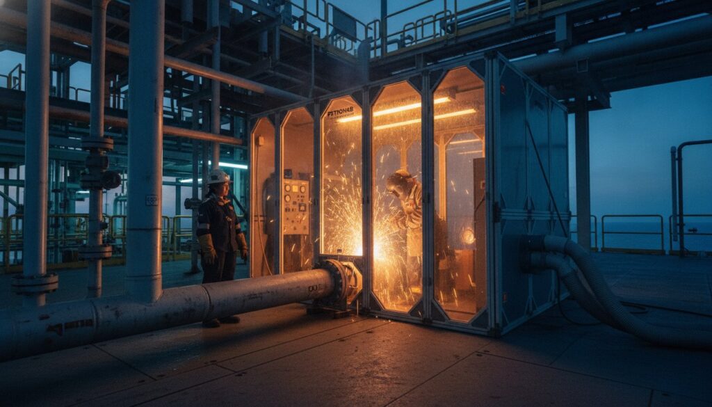Welding inside a secured hot-work containment booth