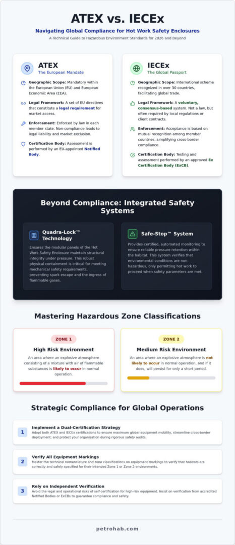 ATEX vs IECEx: A 2026 Comparison for Hot Work Safety Enclosures