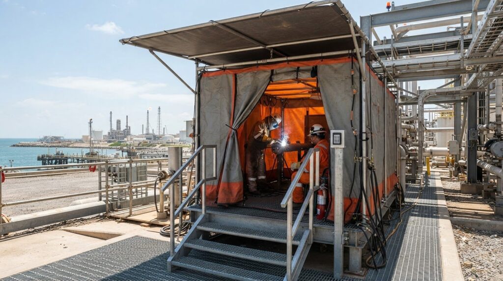 Hot work safety enclosure rental options for access and shade